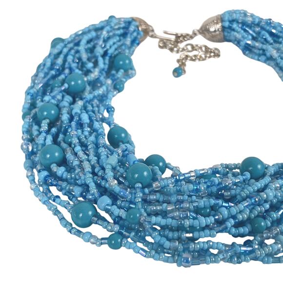 Vintage Multi Strand Blue Statement Glass Station Seed Bead Bib Collar Necklace - Picture 7 of 13